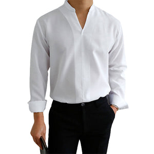 Men's Casual Solid Color V-Neck Long Sleeve Shirt