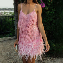 Load image into Gallery viewer, Women&#39;s Feather Fringe Sequin Spaghetti Strap Dress