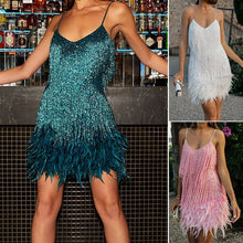 Load image into Gallery viewer, Women&#39;s Feather Fringe Sequin Spaghetti Strap Dress