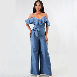 Sling Low-cut Ruffled Wide-leg Jumpsuit